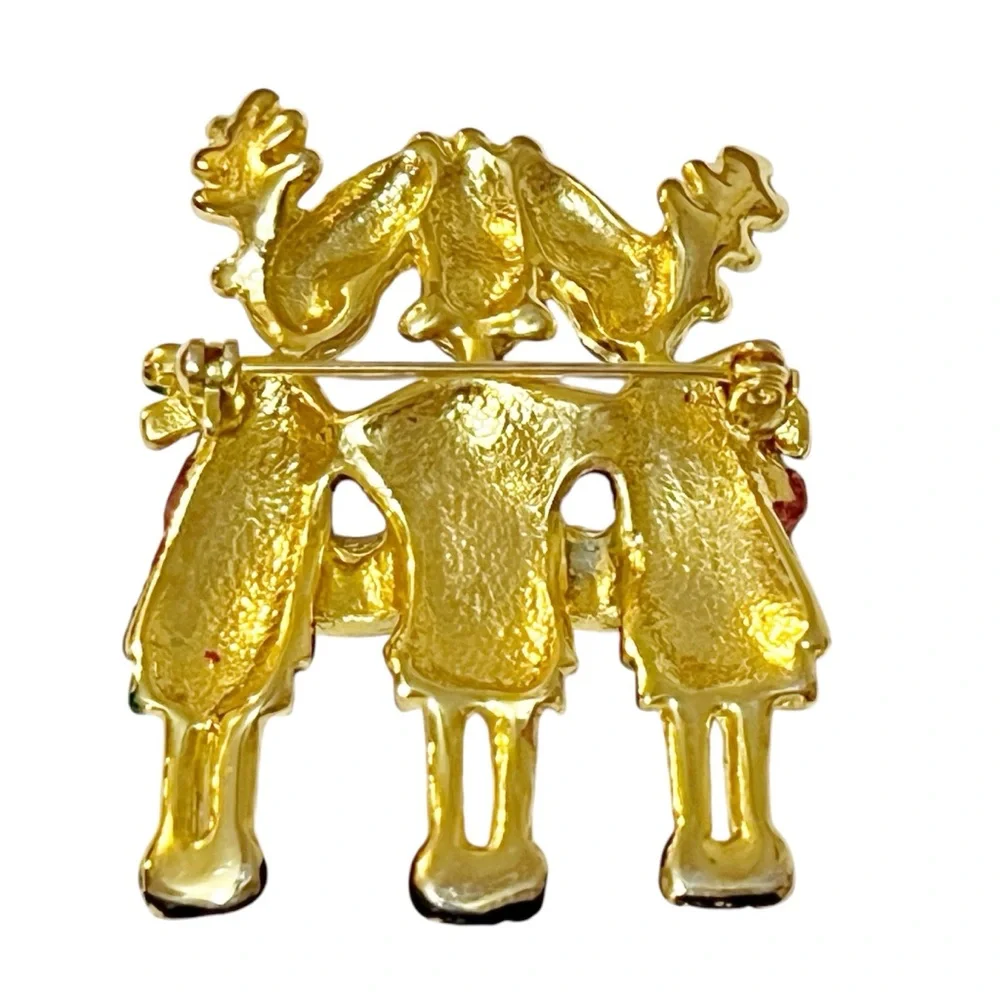 Vintage AJC Gold Tone Enamel Caroling Reindeer Christmas Brooch 2”